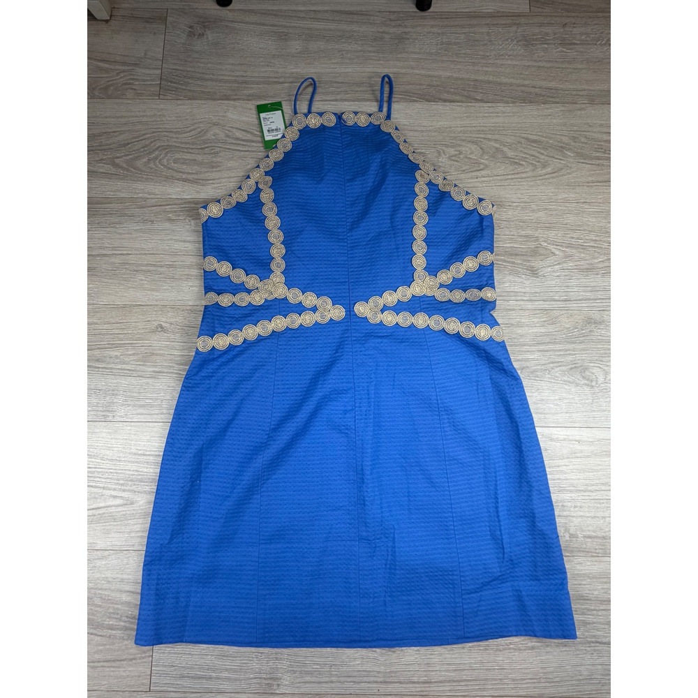 Lilly Pulitzer Pearl Shift Dress Bennet Blue Gold Soutache Halter 28998 Size 16 - Picture 9 of 9